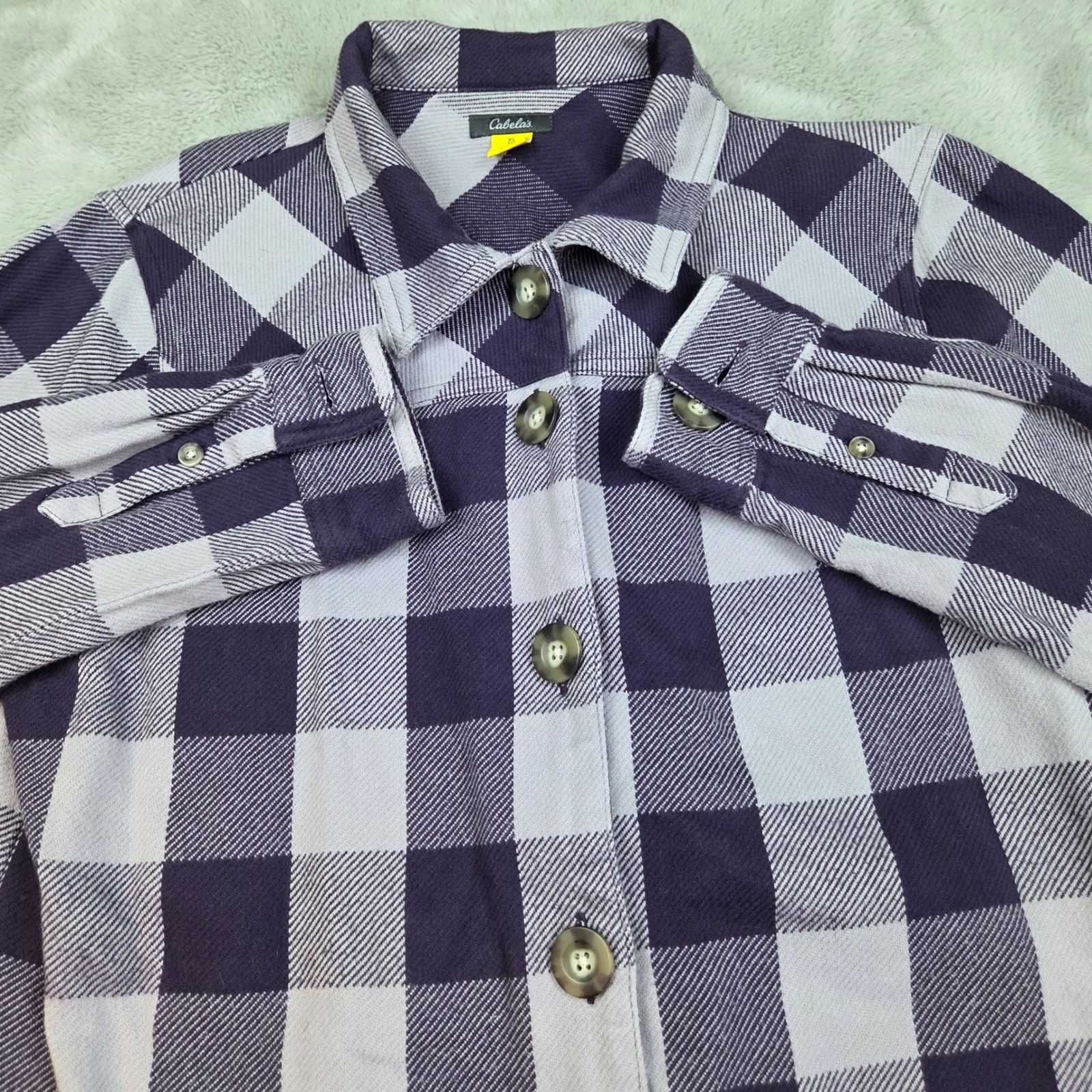 Cabela's Shirt Jacket Womens Xl Buffalo Plaid Button Front Cotton Purple White